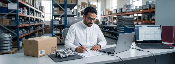 Saudi spare-parts advisor reviewing a business supply request